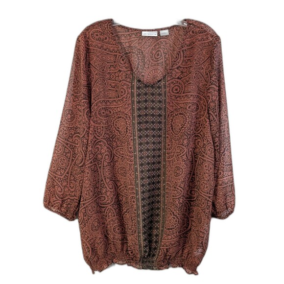 Liz Claiborne Women's Blouse Size LT Brown Paisley 3/4 Sleeve Semi-Sheer Boho - Picture 1 of 10